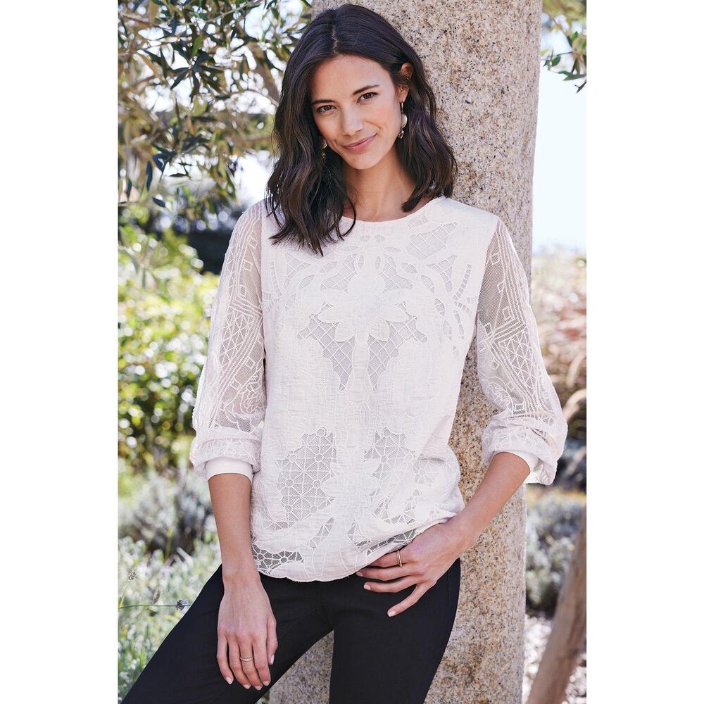 SOFT SURROUNDINGS -NWT- White Linaria Sheer Lace Long Sleeve Blouse | S
